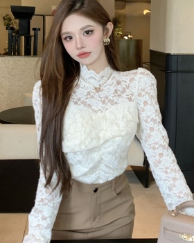 Pinched waist lace cstand collar winter small shirt