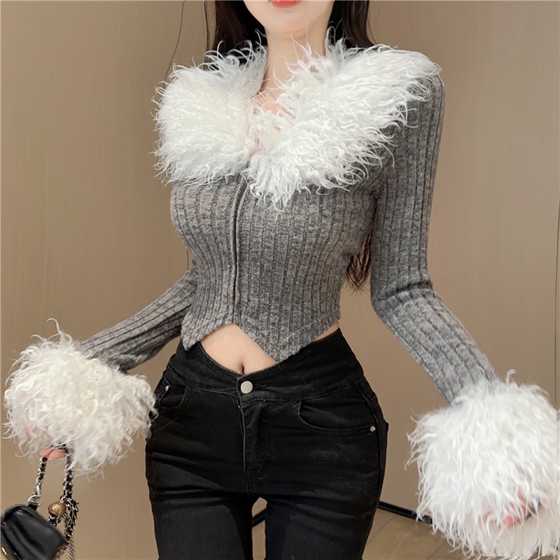 Irregular knitted tops spicegirl fur collar cardigan