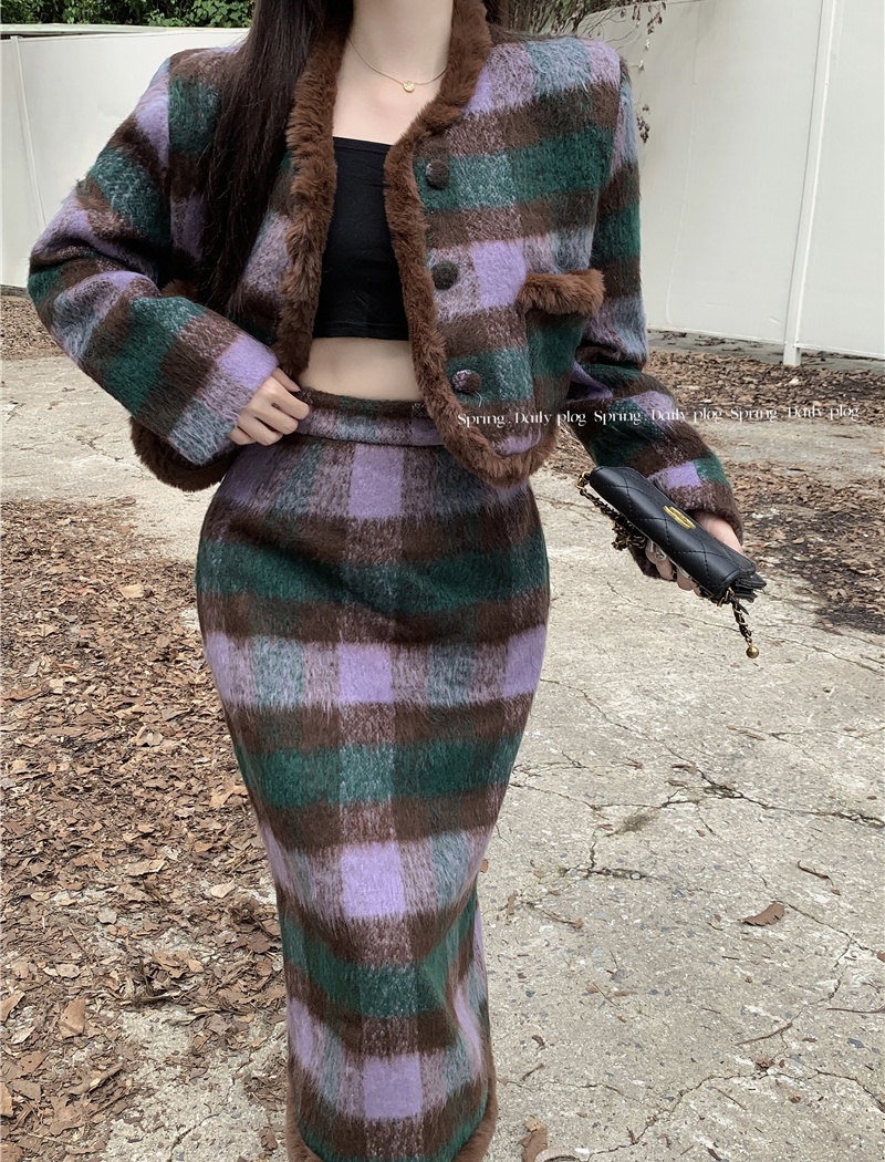 Thick woolen skirt winter jacket 2pcs set for women