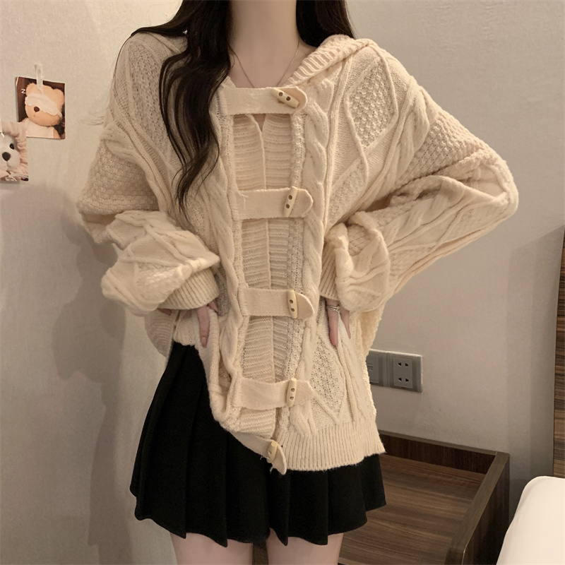 Knitted horn buckle cardigan autumn and winter coat for women