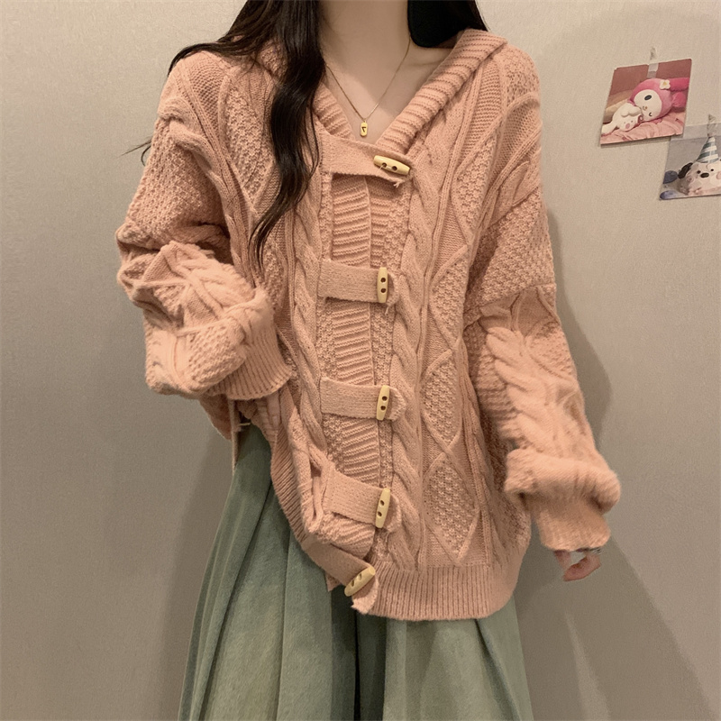 Knitted horn buckle cardigan autumn and winter coat for women