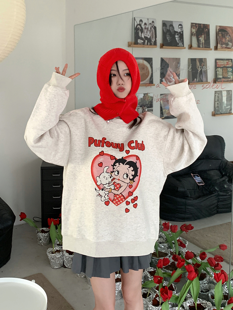 Thin round neck heart coverlady loose hoodie