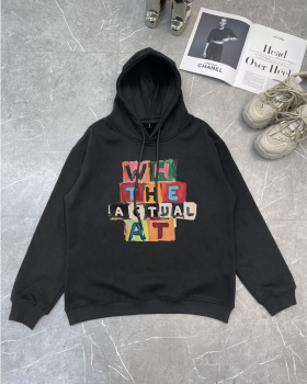 Loose plus velvet printing letters hooded hoodie for women