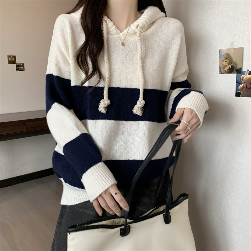 Fat sister stripe retro hoodie hooded lazy sweater for women