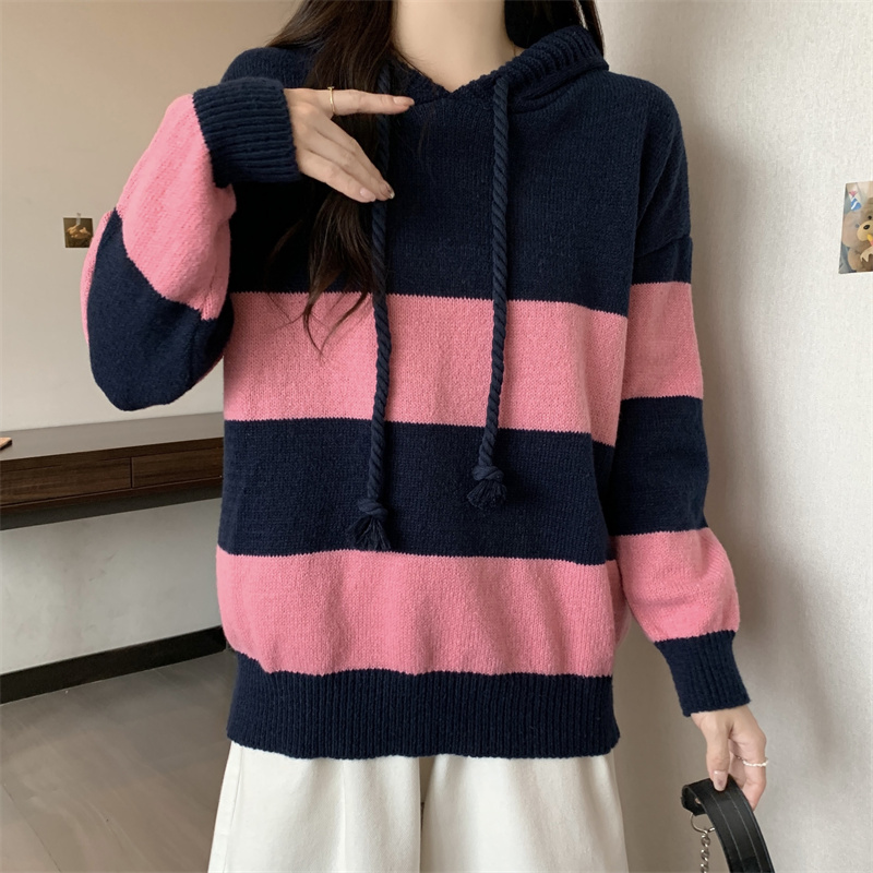 Fat sister stripe retro hoodie hooded lazy sweater for women