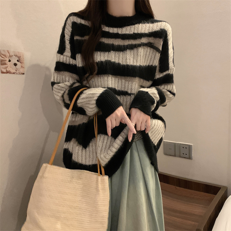 Mohair loose tops stripe bottoming shirt for women