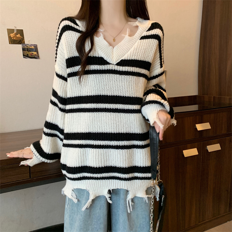 Autumn slim stripe tops fat long sleeve sweater for women