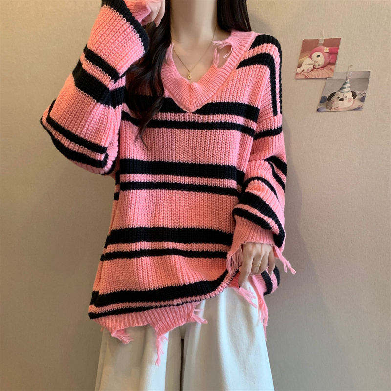 Autumn slim stripe tops fat long sleeve sweater for women