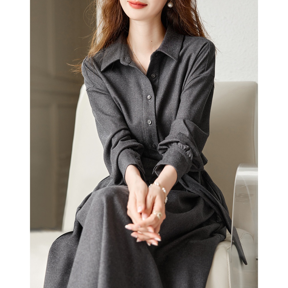 Temperament autumn simple dress gray lapel shirt for women