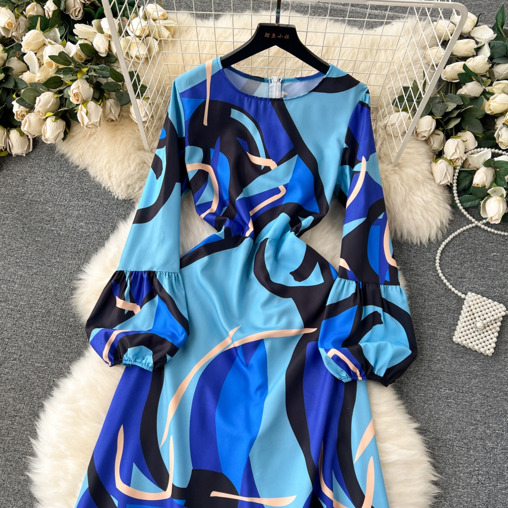 Printing lantern sleeve round neck unique dress for women