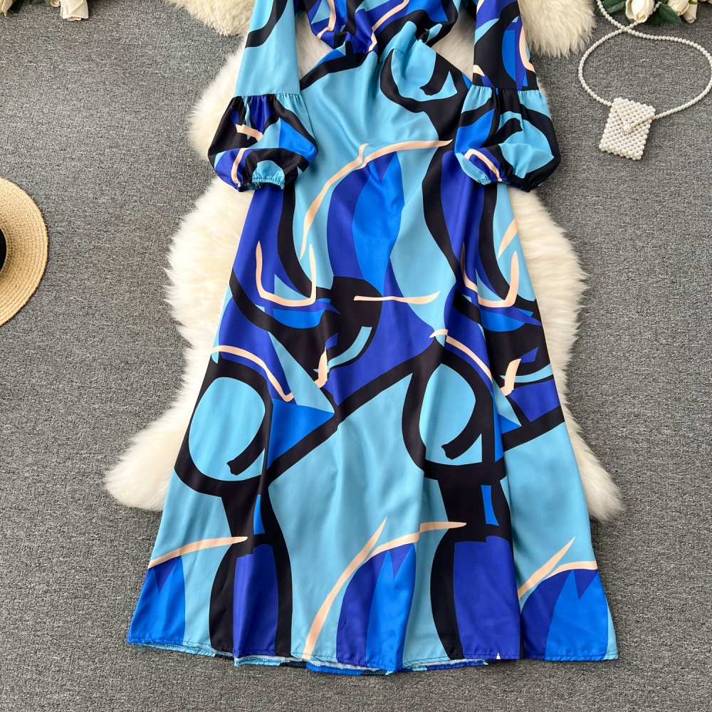 Printing lantern sleeve round neck unique dress for women