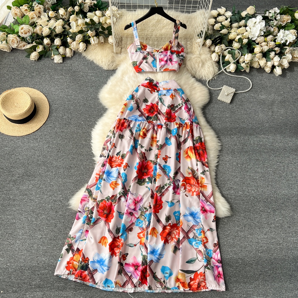 Vacation tops printing long skirt a set for women