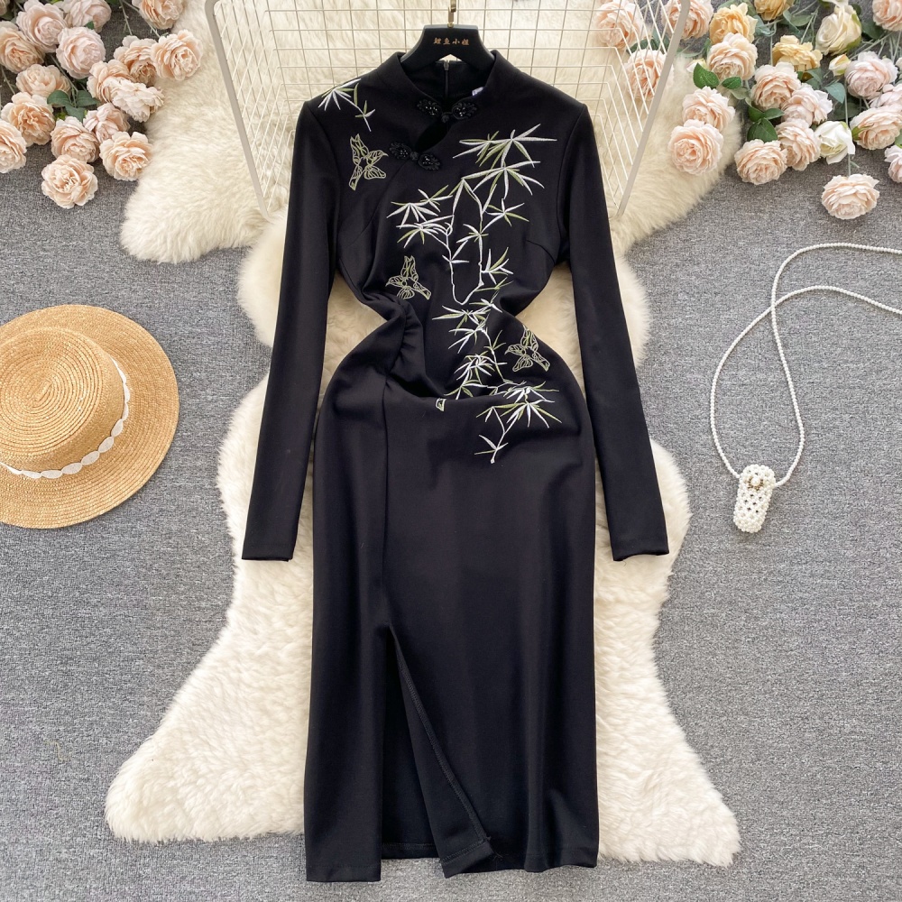 Autumn and winter cheongsam black dress for women