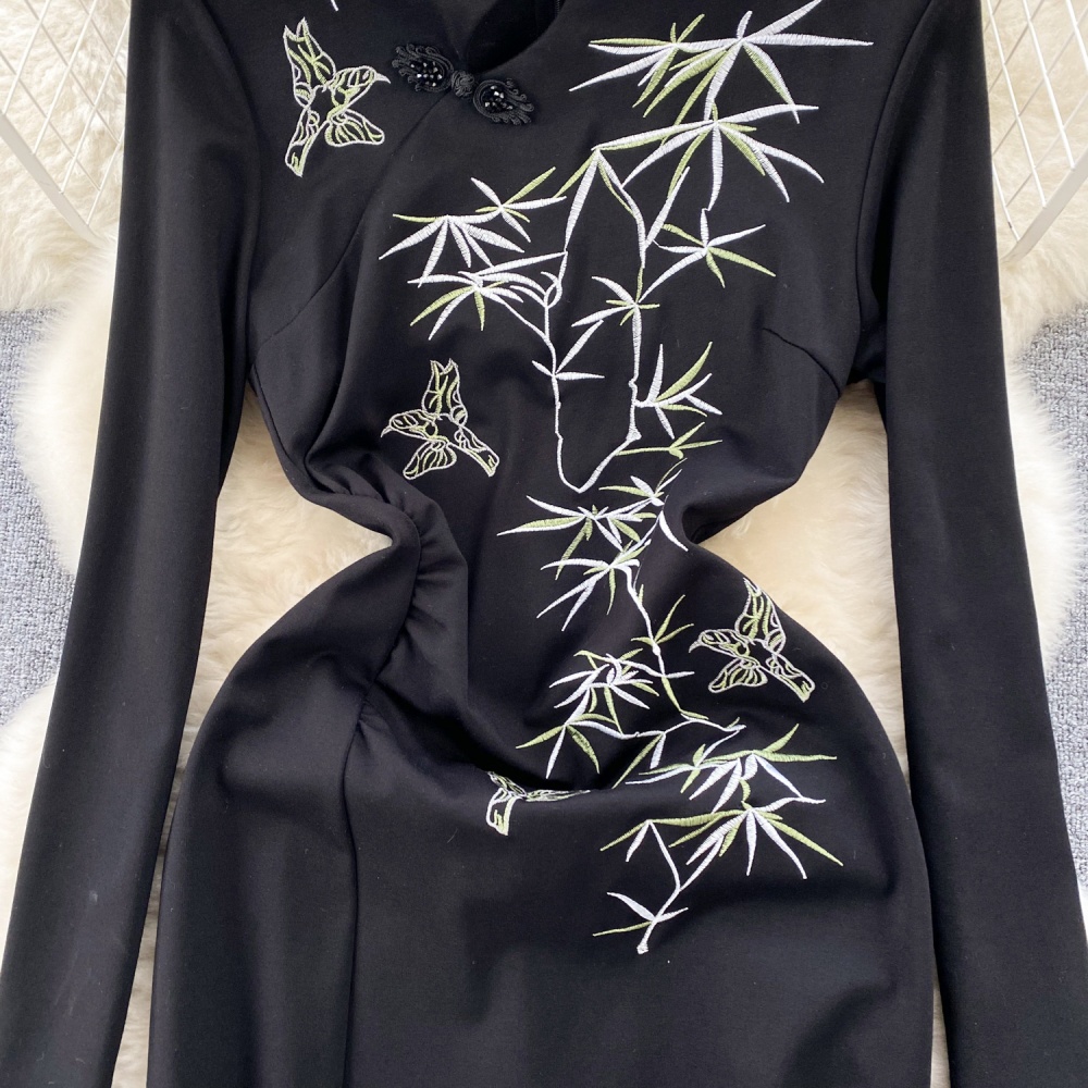 Autumn and winter cheongsam black dress for women