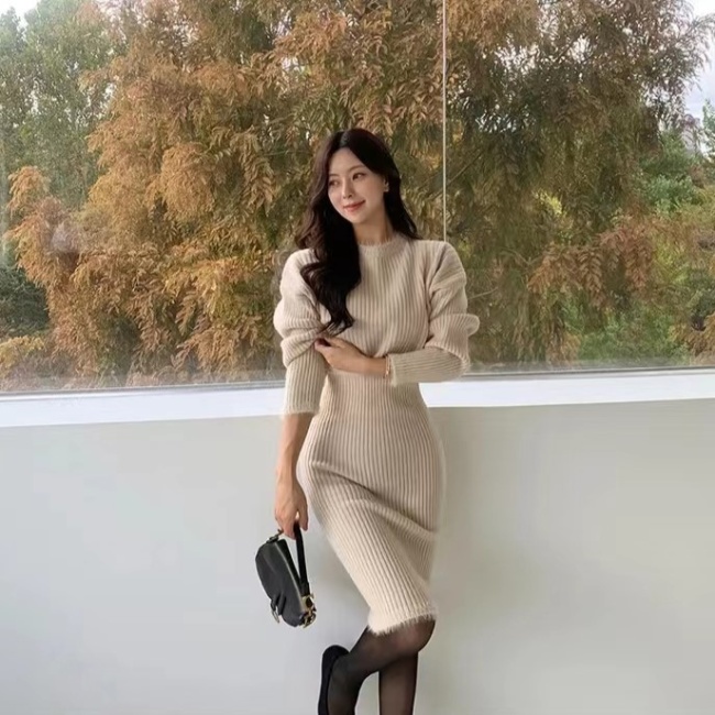 Tender Korean style sweater V-neck temperament dress