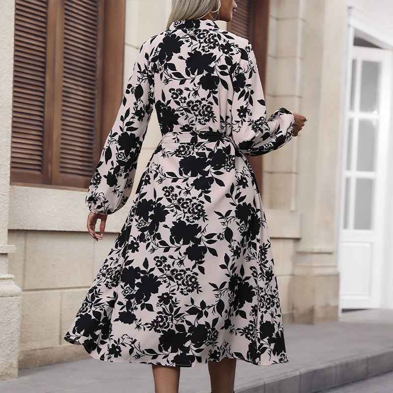 Cstand collar printing European style dress for women