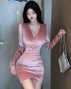 Long sleeve winter slim spicegirl pink V-neck dress
