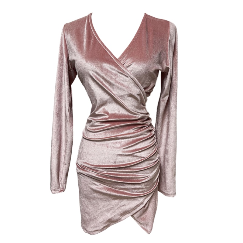 Long sleeve winter slim spicegirl pink V-neck dress