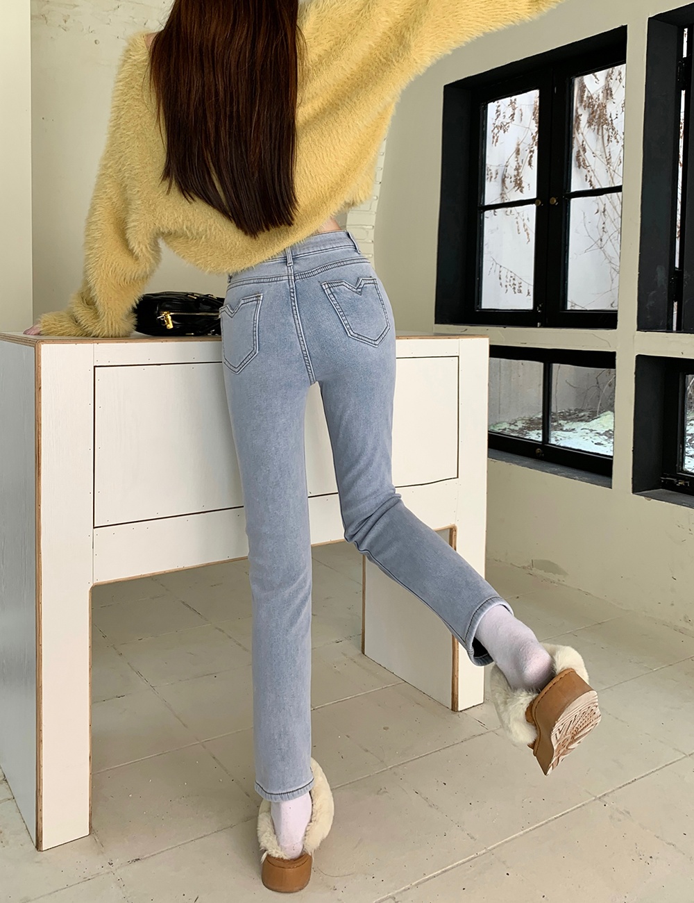 Thermal straight pants pants high waist jeans for women