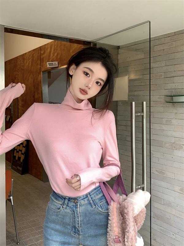 Pink slim bottoming shirt autumn and winter T-shirt
