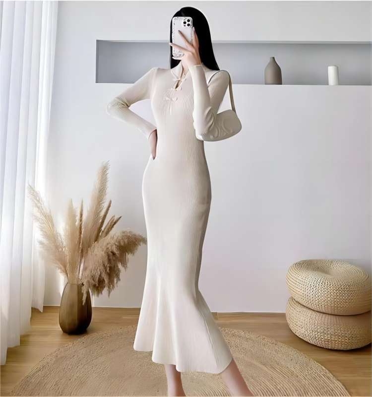 France style autumn and winter cheongsam knitted slim dress