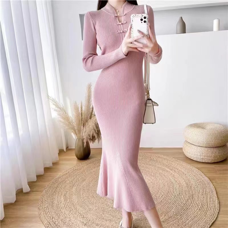 France style autumn and winter cheongsam knitted slim dress