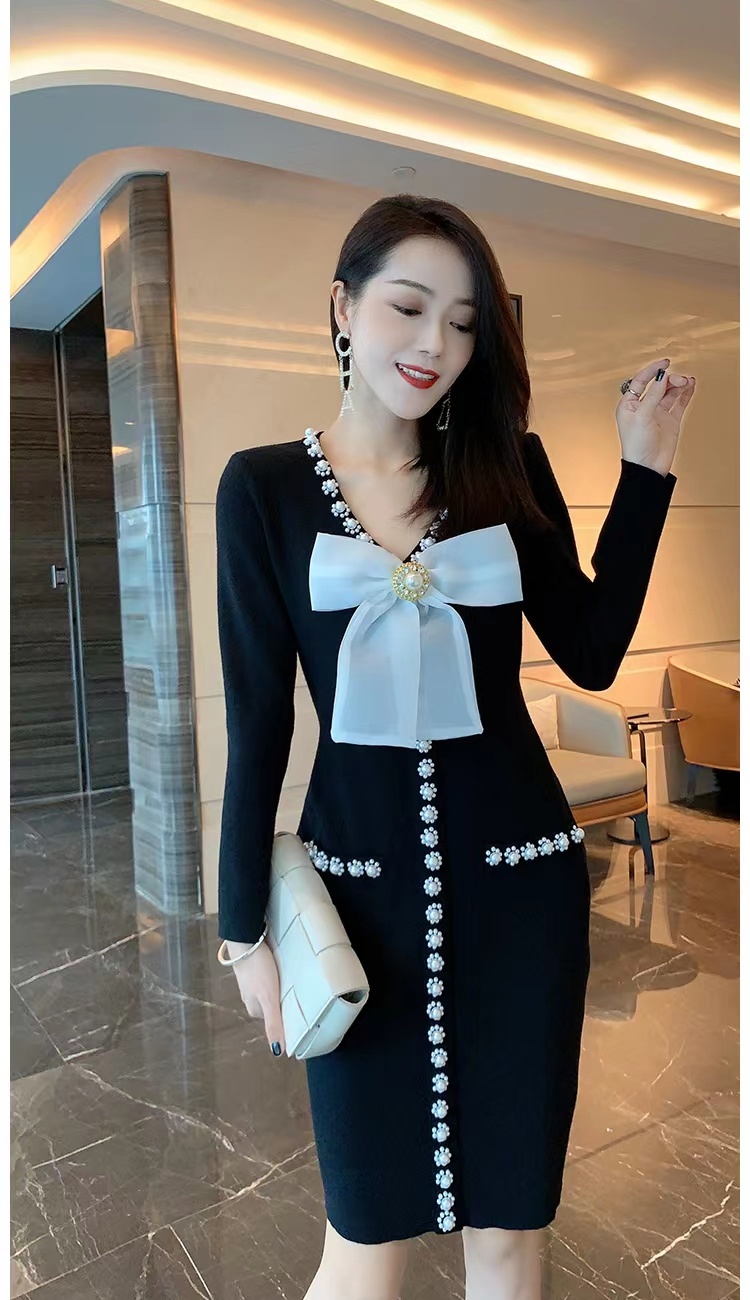 Autumn and winter knitted sweater dress slim beading dress