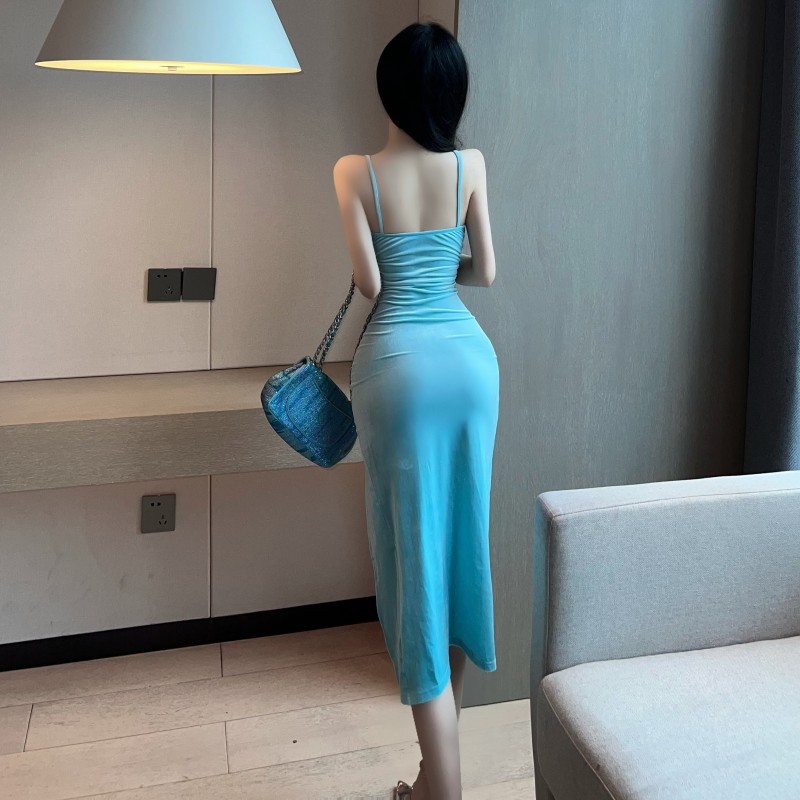 Sexy split velvet long dress V-neck low-cut dress for women