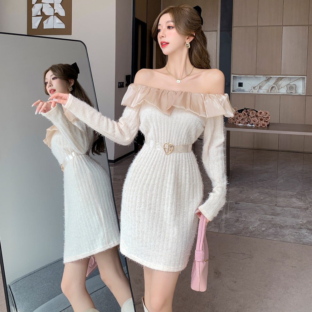 Lotus leaf edges knitted dress strapless unique sweater