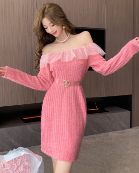 With belt knitted sweater autumn and winter dress
