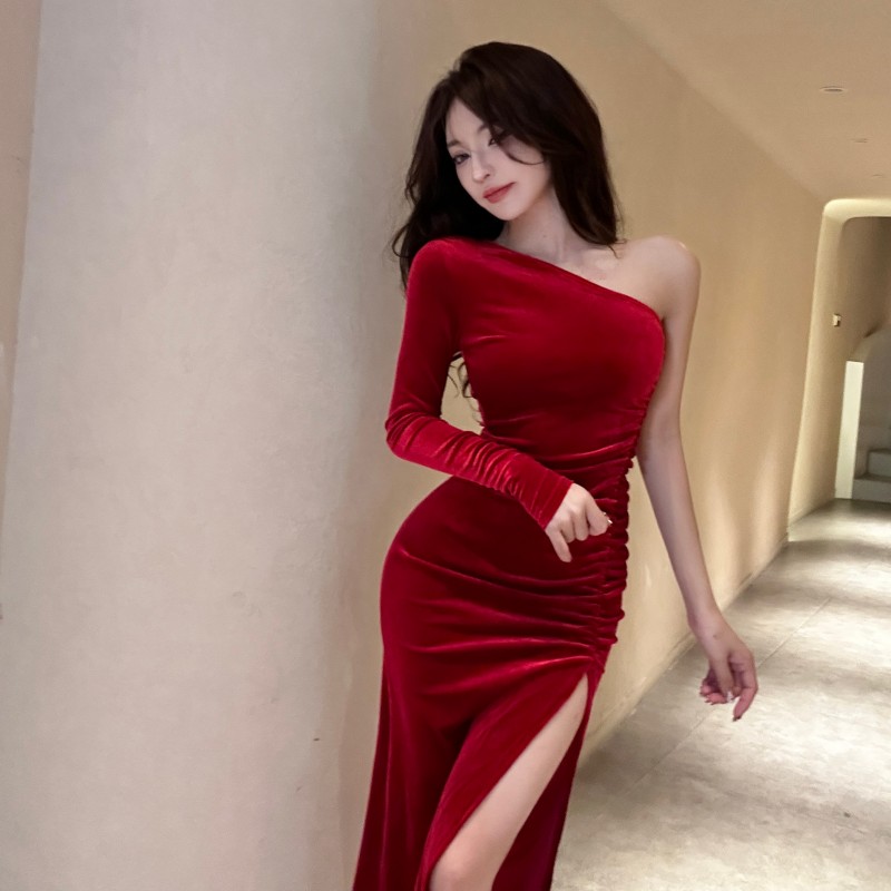 Long sleeve velvet formal dress slim split dress for women