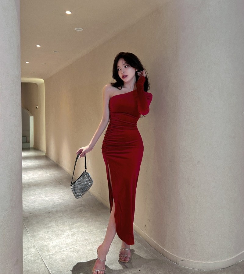 Long sleeve velvet formal dress slim split dress for women