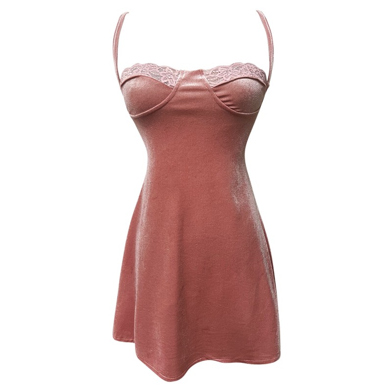 Lace velvet pinched waist sling dress for women