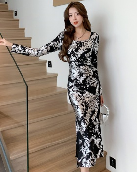 Package hip autumn and winter long dress printing dress