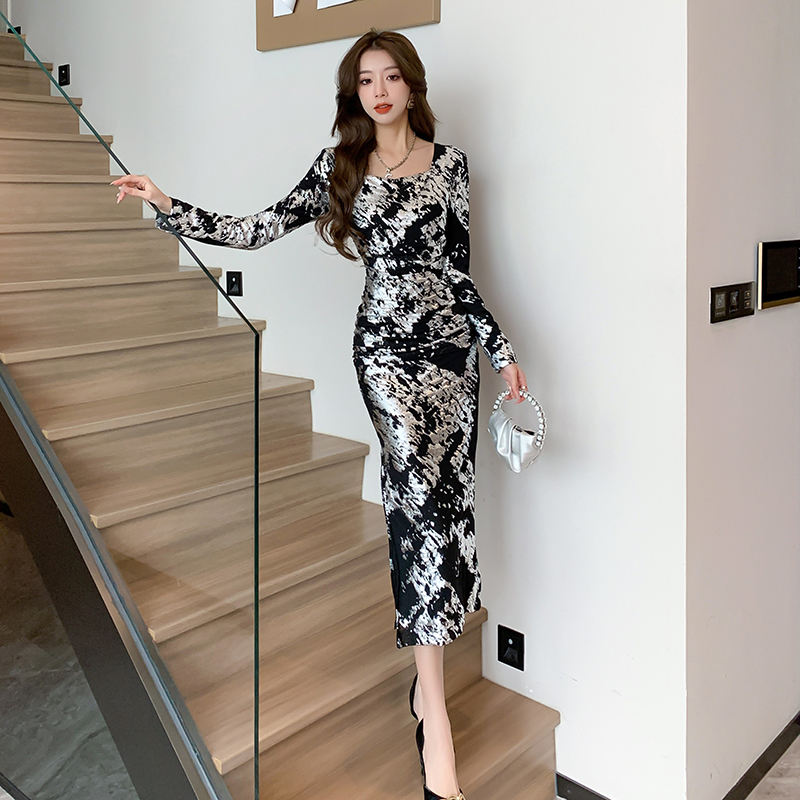Package hip autumn and winter long dress printing dress