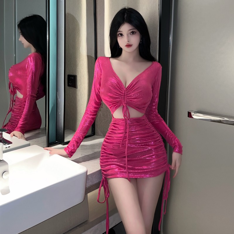 V-neck rose-red nightclub bright dress for women