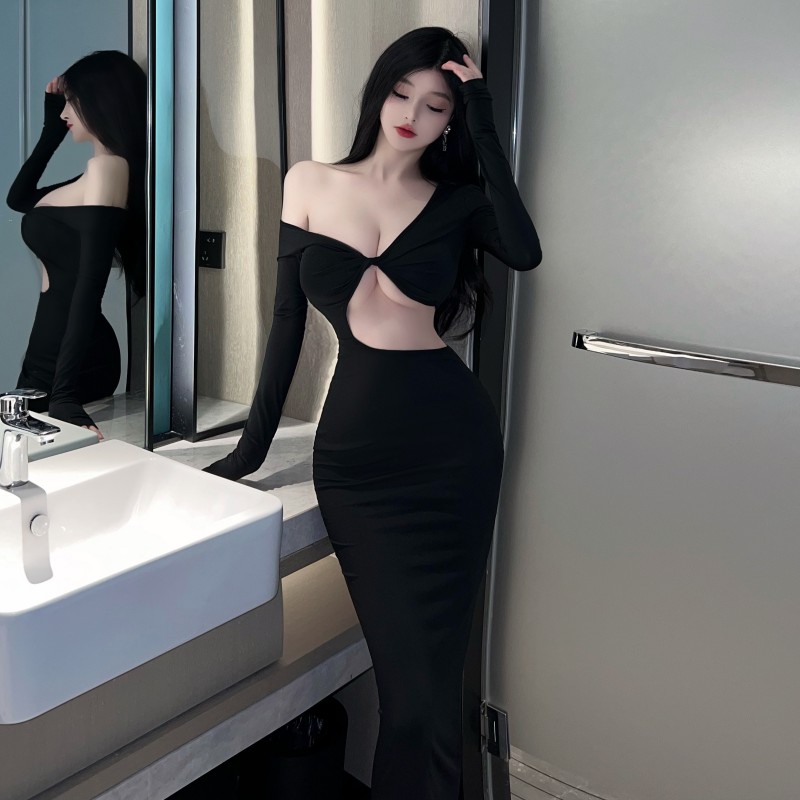 Black sexy dress temperament hollow long dress for women