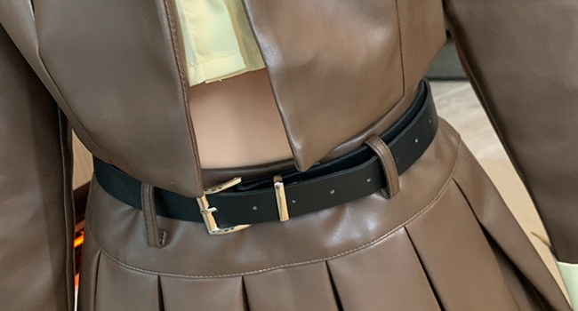 Stitching leather pleated coat slim skirt 2pcs set