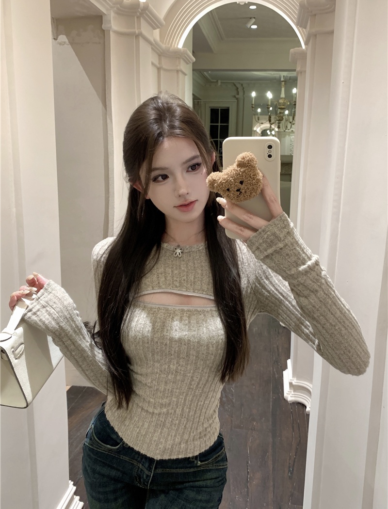 Long sleeve soft zip round neck maiden knitted bottoming shirt