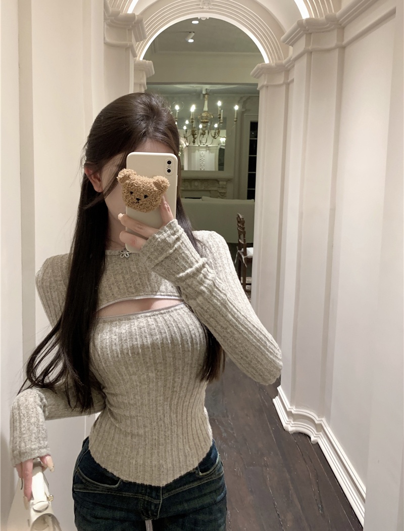 Long sleeve soft zip round neck maiden knitted bottoming shirt
