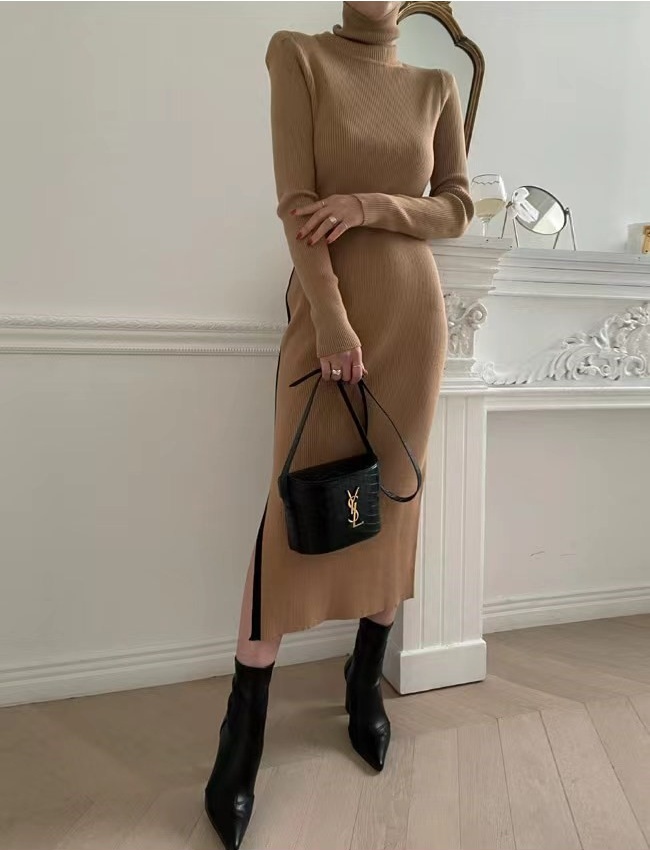 High collar personality knitted Korean style dress