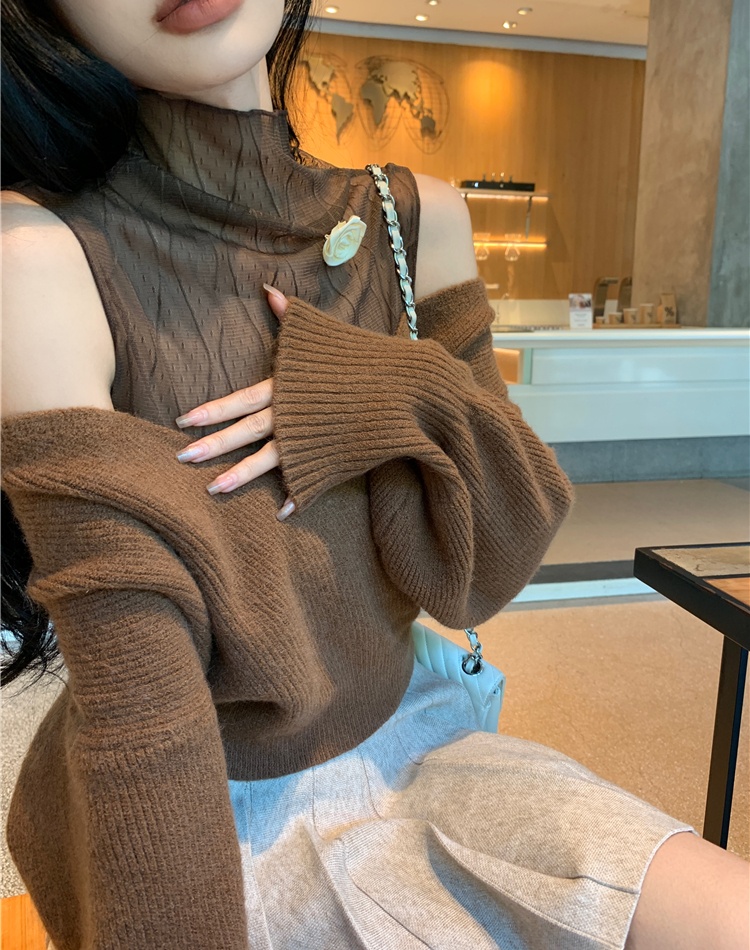 Loose knitted bottoming tops strapless lazy sweater 2pcs set