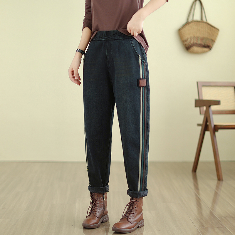 Elastic waist jeans thick long pants for women