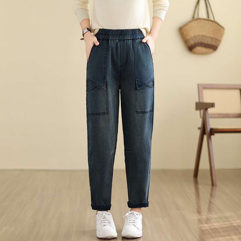 Plus velvet splice harem pants thick jeans for women