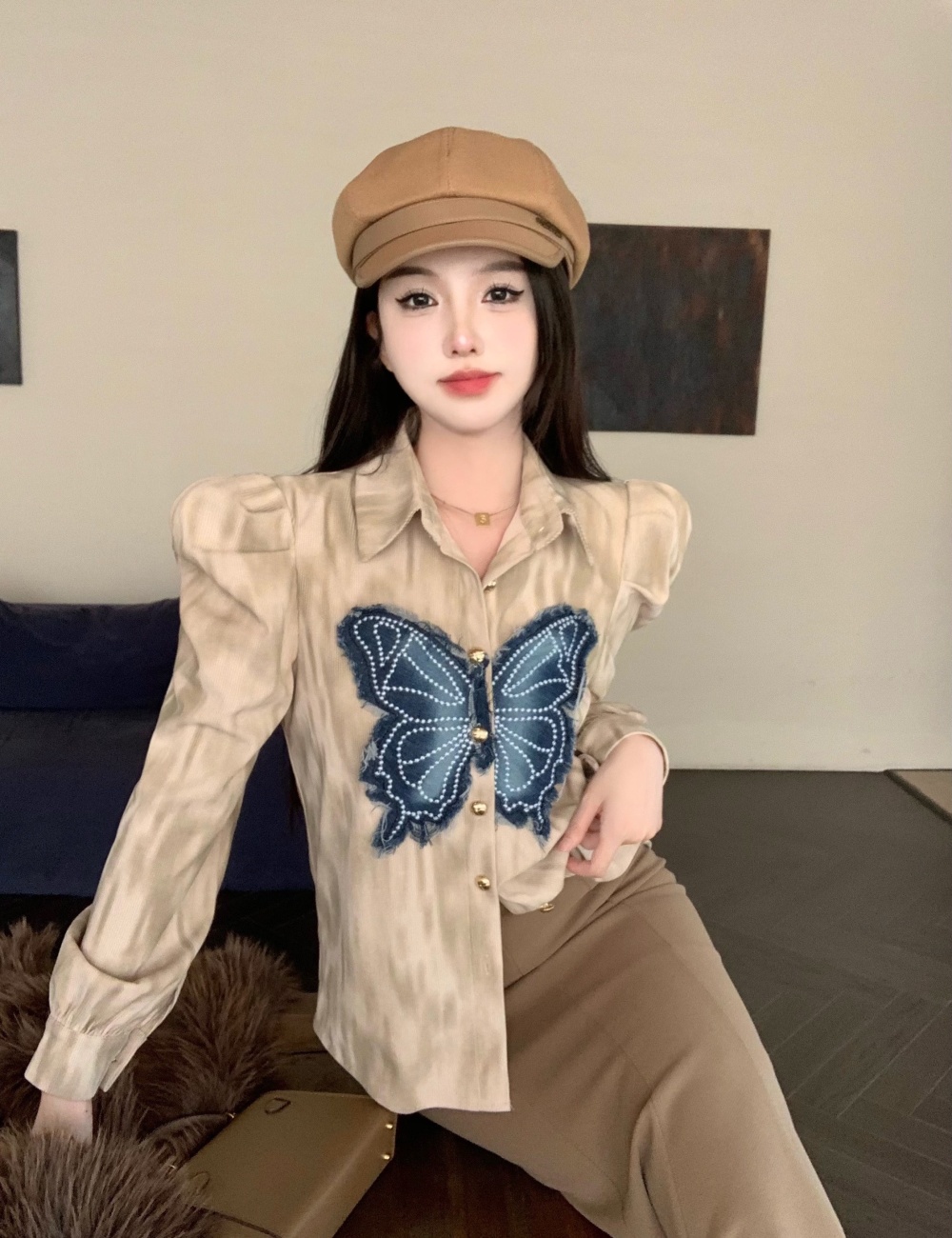Butterfly skirt denim shirt a set for women