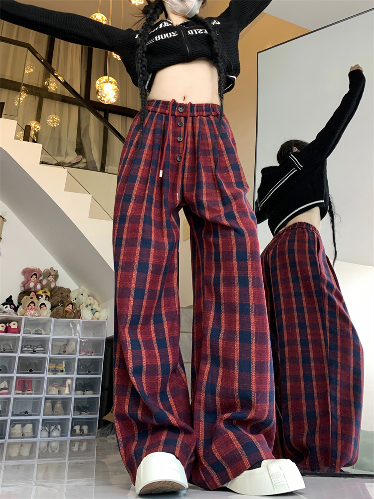 Plaid red wide leg pants retro elastic waist pants for women