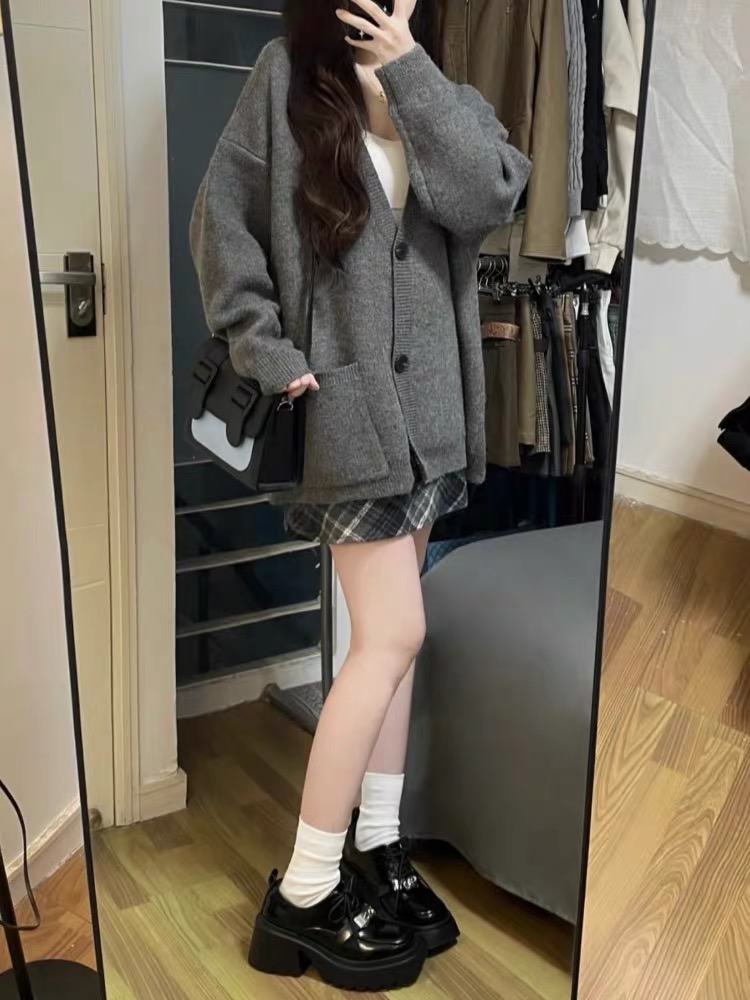 Gray skirt college style sweater 2pcs set for women