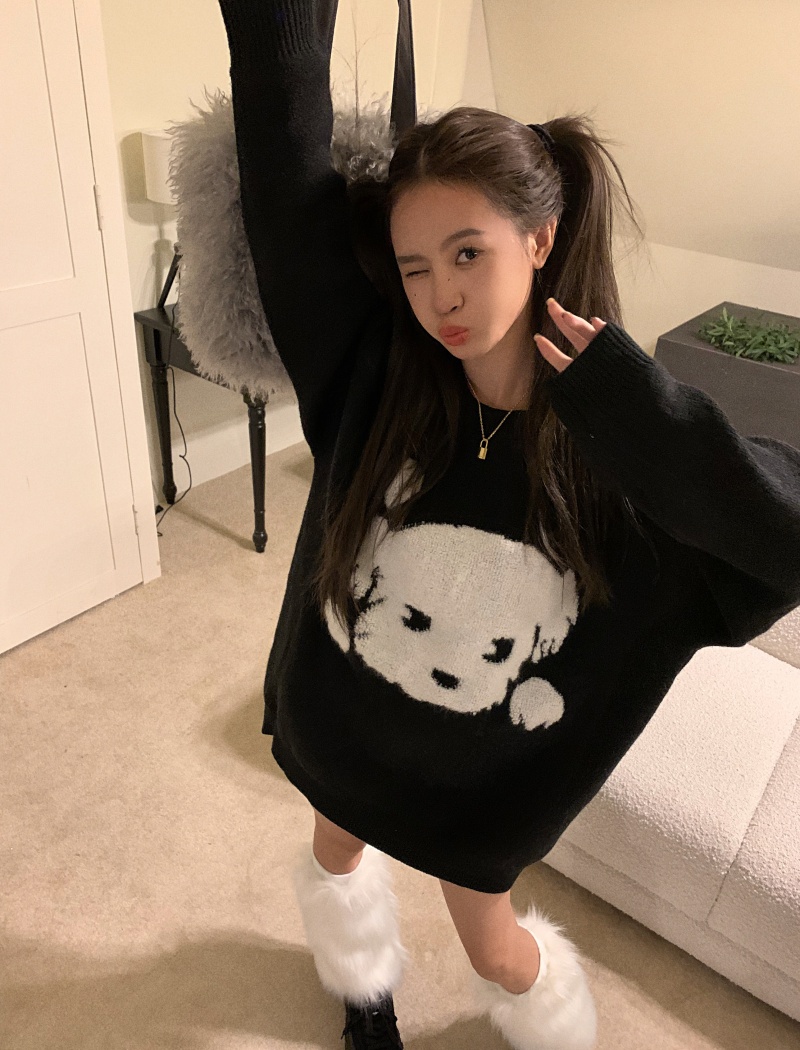 Pullover round neck winter black pattern thick sweater