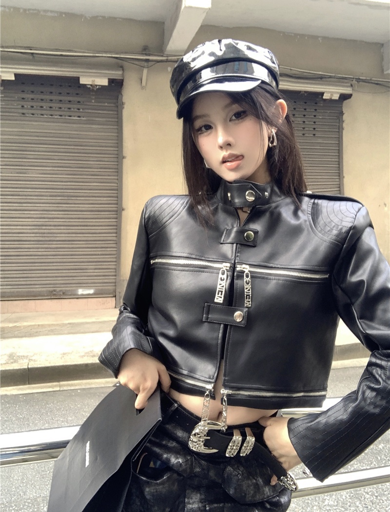 Spicegirl cstand collar jacket zip leather coat