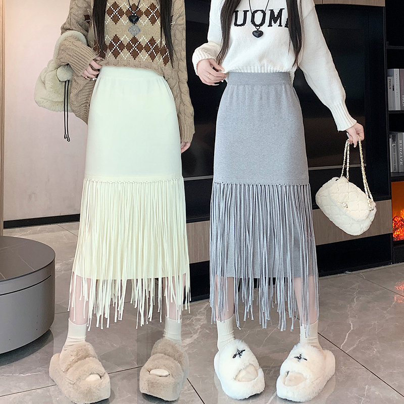 Knitted tassels long skirt A-line pure skirt for women
